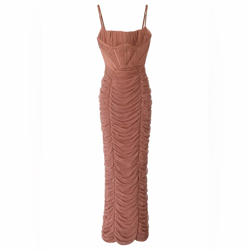 House of CB Rose Taupe Ruched Corset Maxi Dress